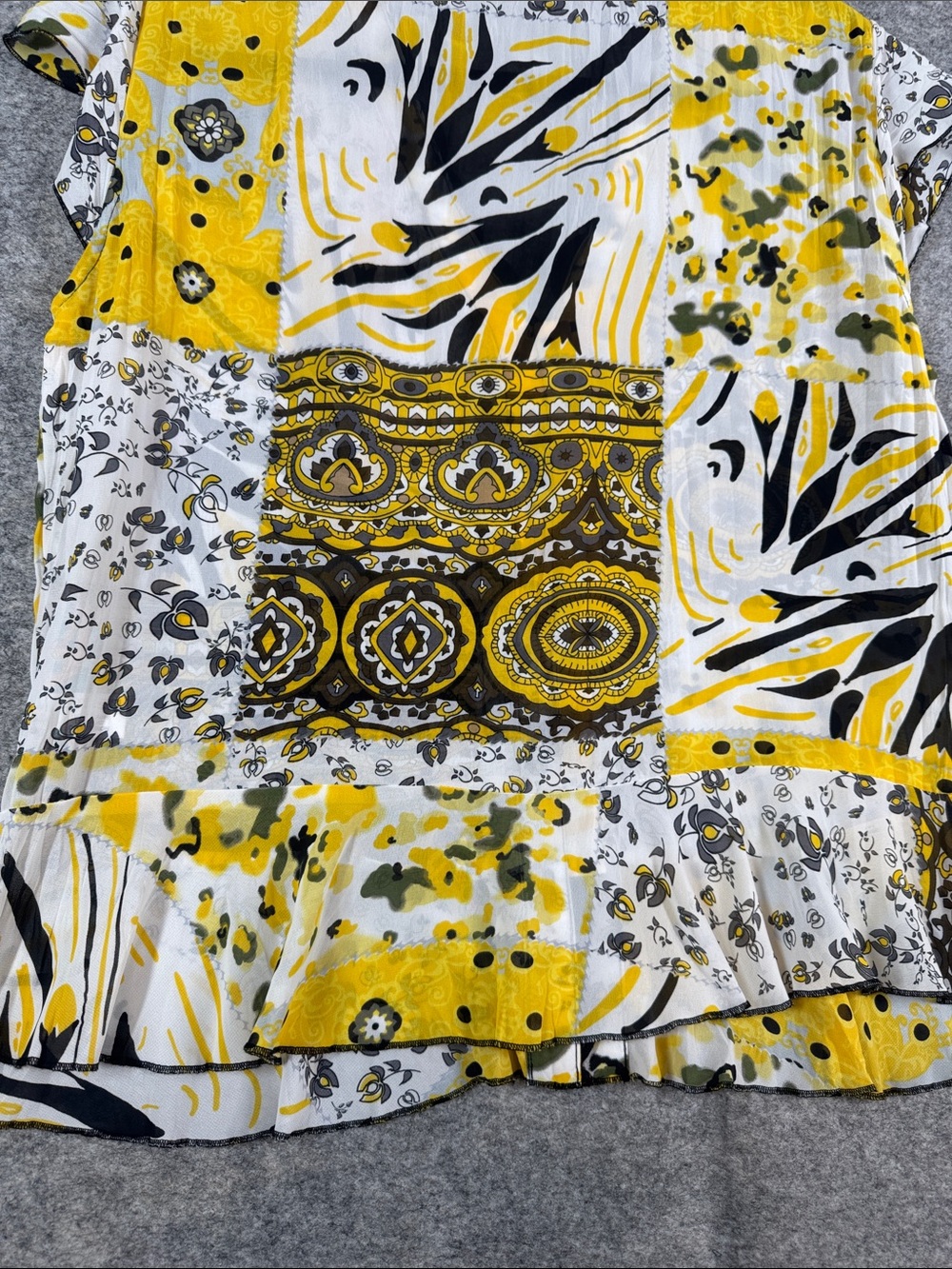Violet & Claire Patchwork Print Y2K Blouse Yellow Black Small Boho Peplum Top - Picture 11 of 12
